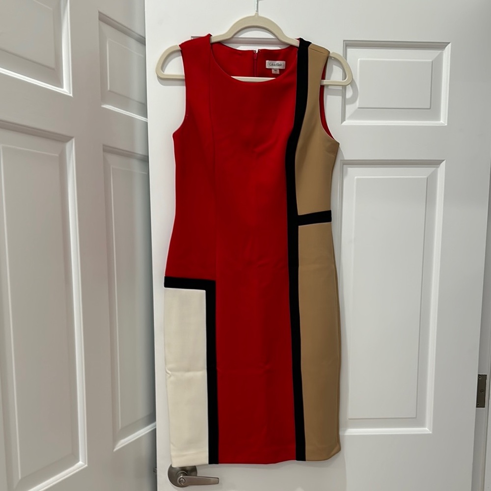Calvin Klein Asymmetrical Red and Black Sheath Dress